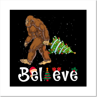 Believe Bigfoot Xmas Yeti Christmas Tree Sasquatch Holiday Gift Posters and Art